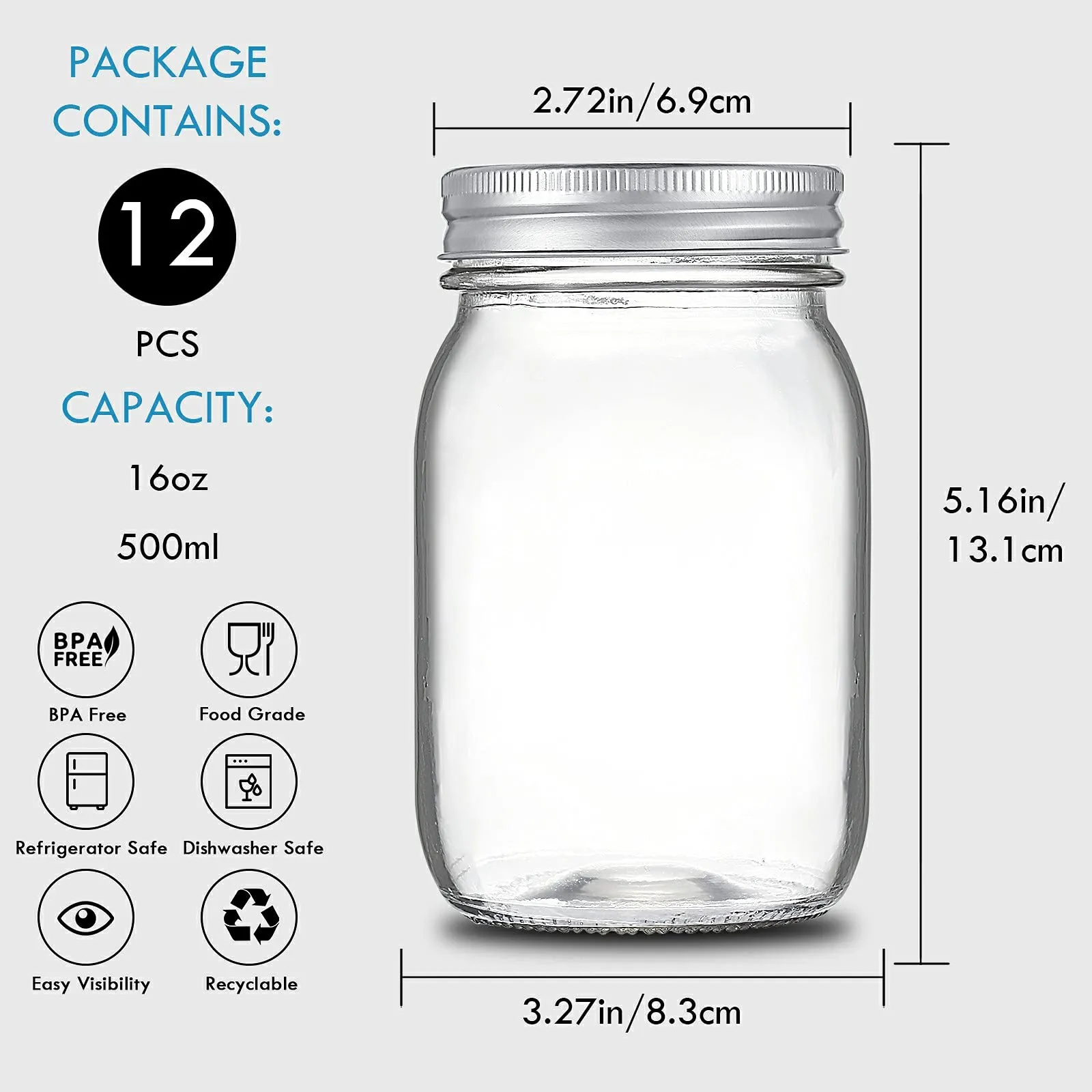 16 oz Wide-Mouth Glass Canning Mason Jars - 12 Pack