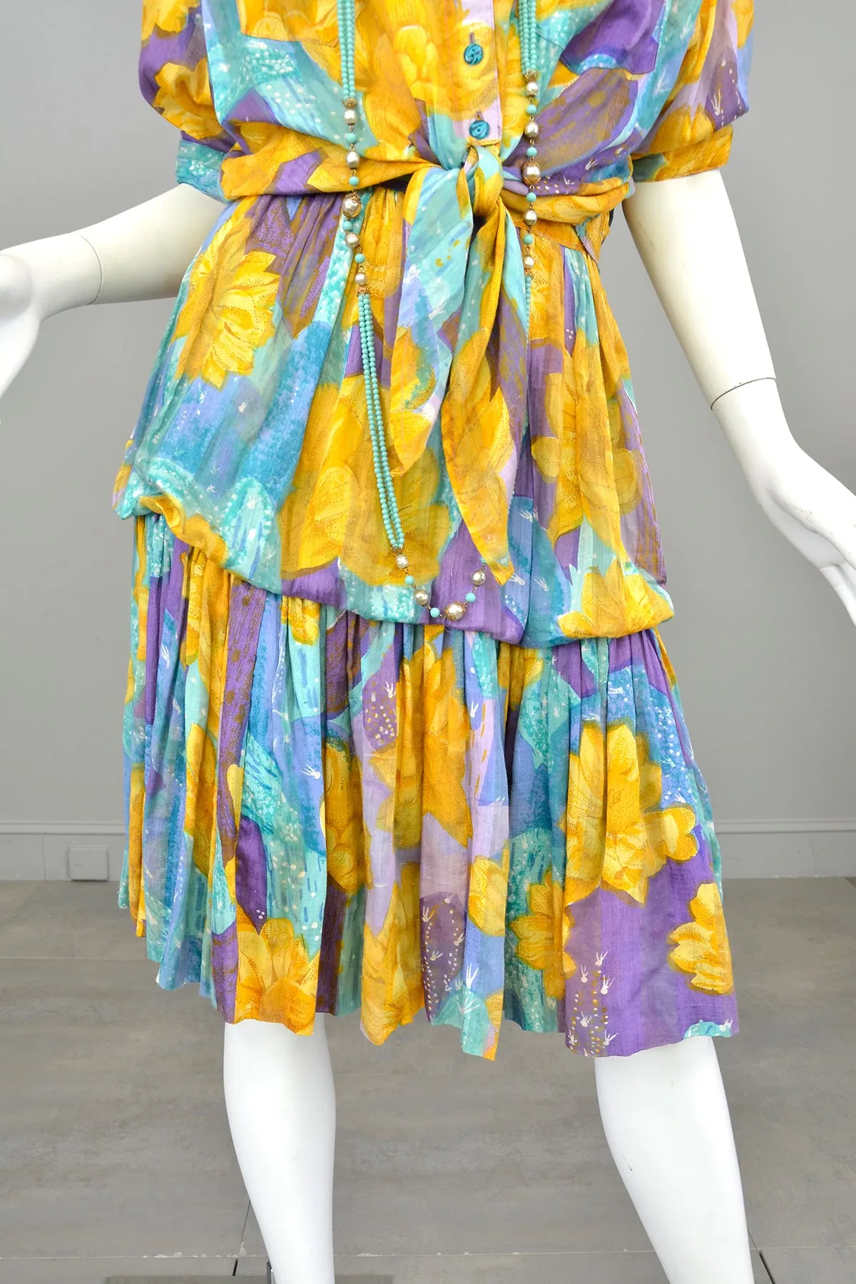 1970s 80s Gold Purple Aqua Watercolor Desert Floral Print Bubble Skirt   Tie Front Blouse Set