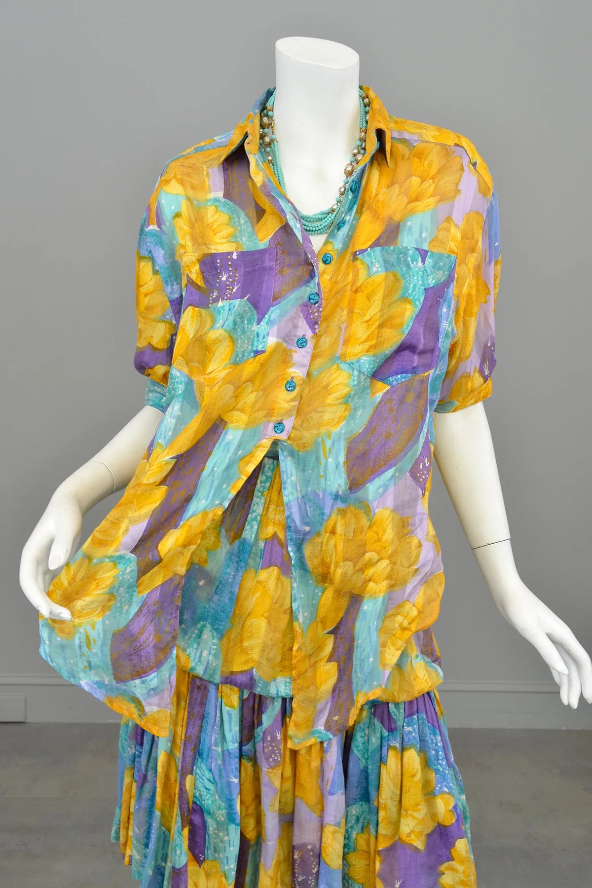 1970s 80s Gold Purple Aqua Watercolor Desert Floral Print Bubble Skirt   Tie Front Blouse Set