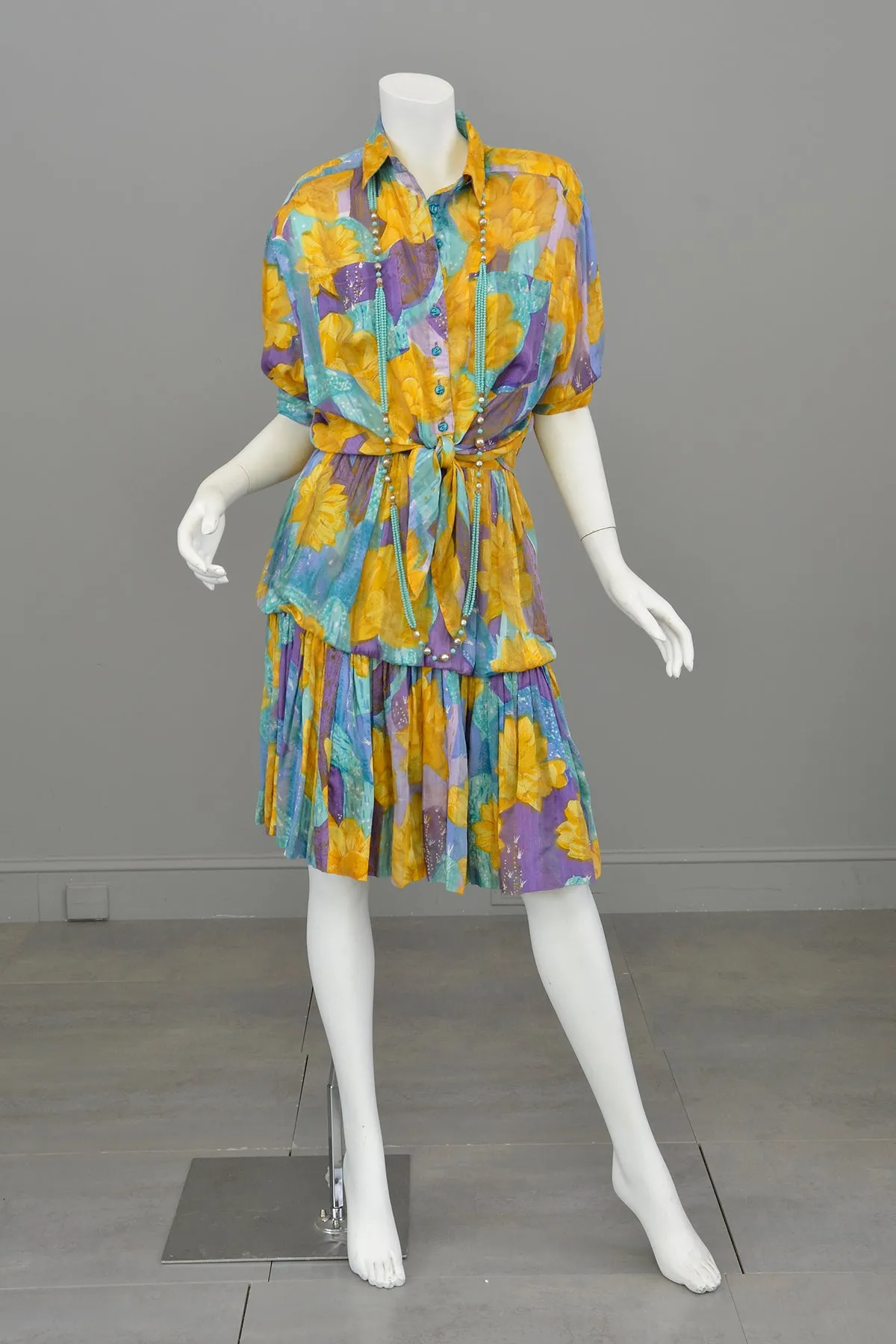 1970s 80s Gold Purple Aqua Watercolor Desert Floral Print Bubble Skirt   Tie Front Blouse Set