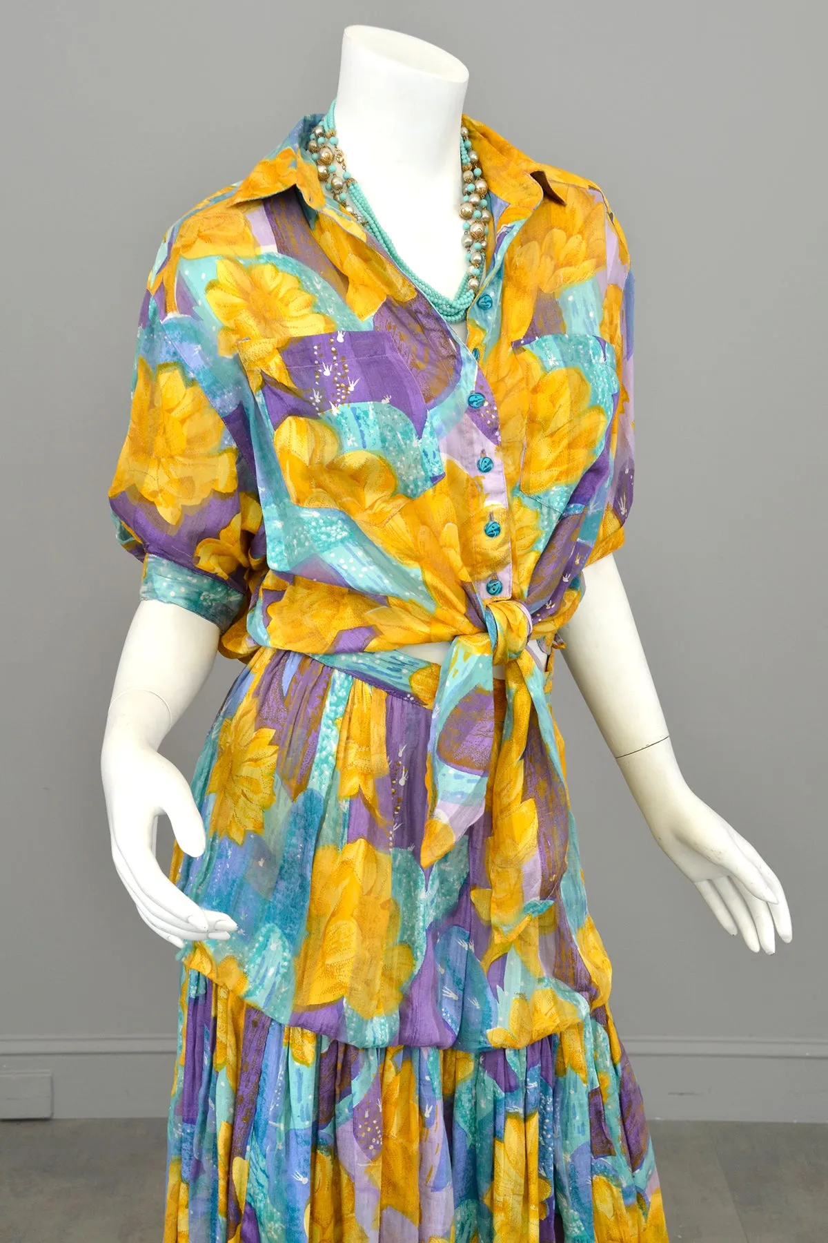 1970s 80s Gold Purple Aqua Watercolor Desert Floral Print Bubble Skirt   Tie Front Blouse Set