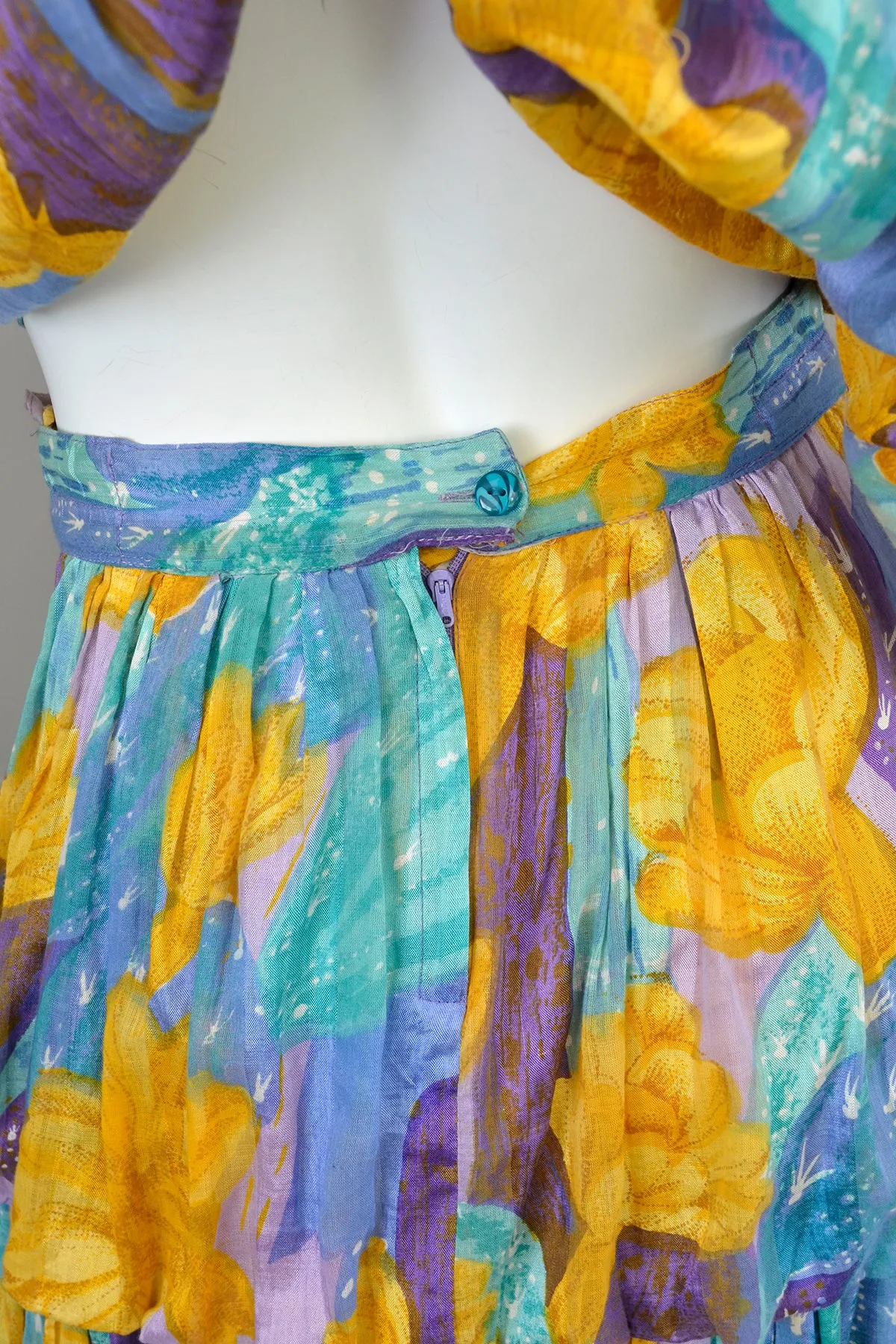 1970s 80s Gold Purple Aqua Watercolor Desert Floral Print Bubble Skirt   Tie Front Blouse Set