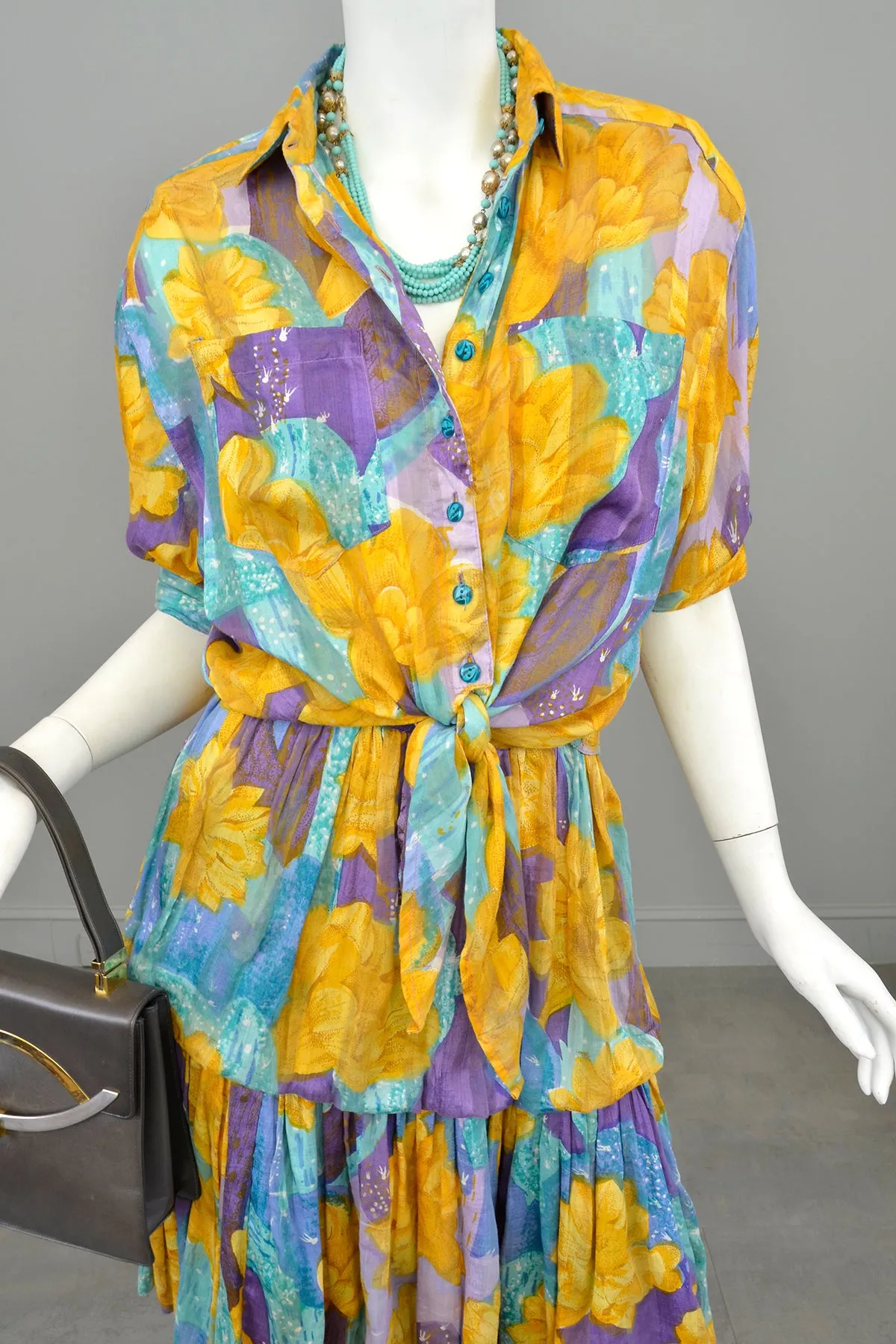 1970s 80s Gold Purple Aqua Watercolor Desert Floral Print Bubble Skirt   Tie Front Blouse Set