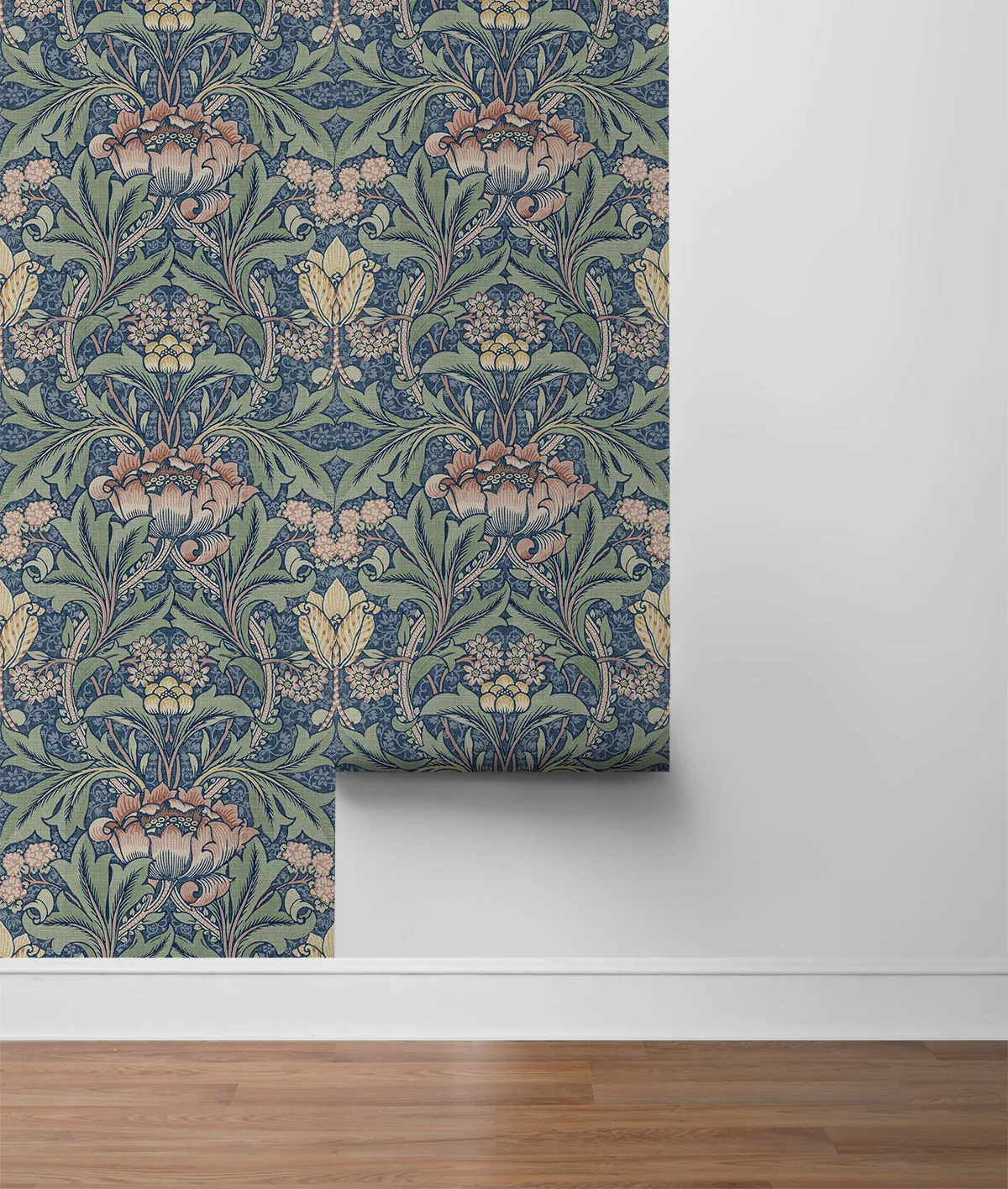 Acanthus Floral Prepasted Wallpaper in Denim Blue & Salmon