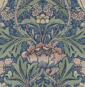 Acanthus Floral Prepasted Wallpaper in Denim Blue & Salmon