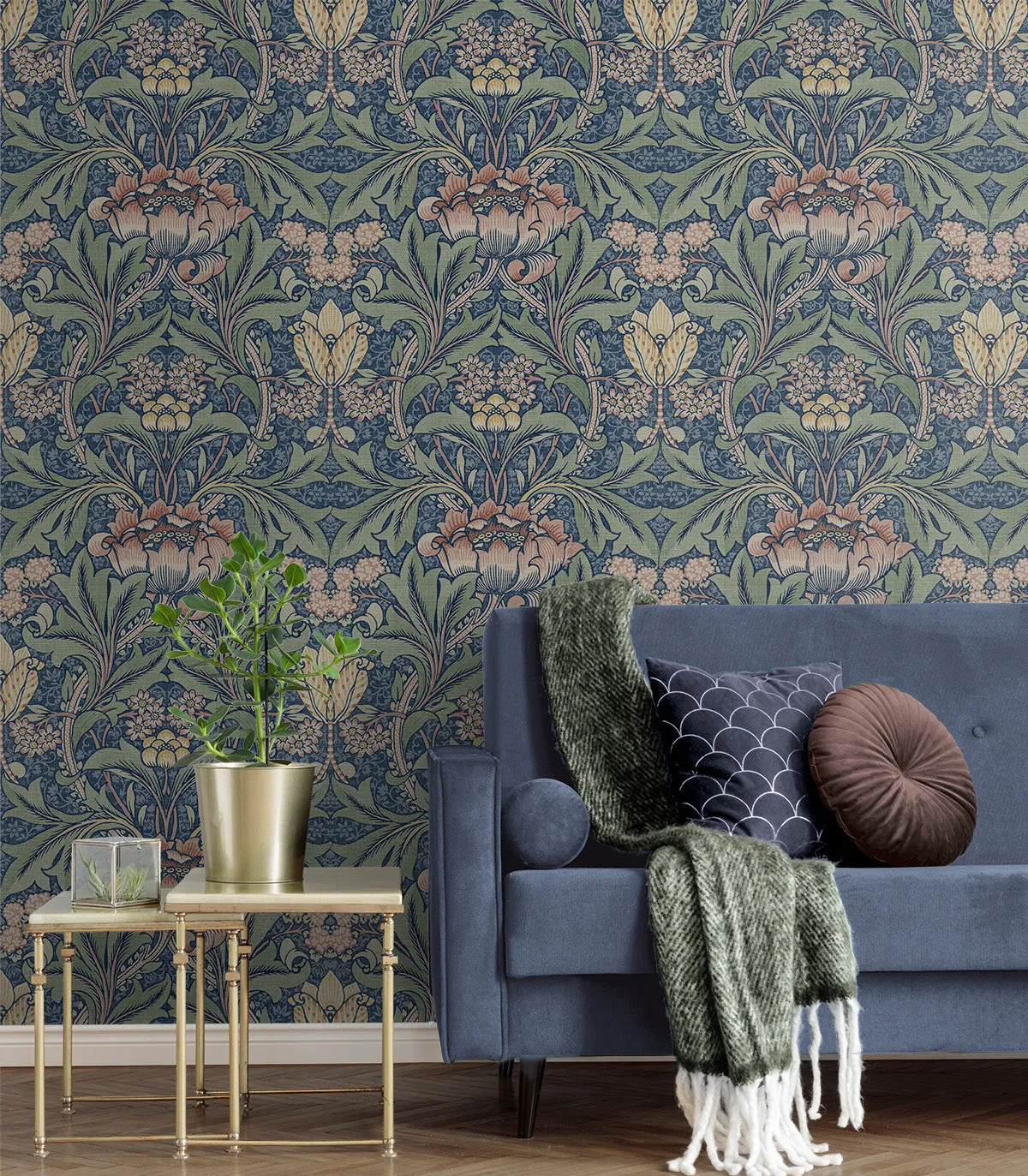 Acanthus Floral Prepasted Wallpaper in Denim Blue & Salmon