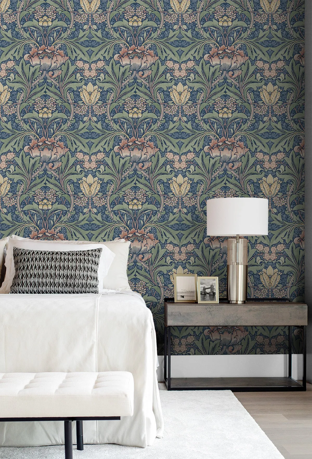 Acanthus Floral Prepasted Wallpaper in Denim Blue & Salmon