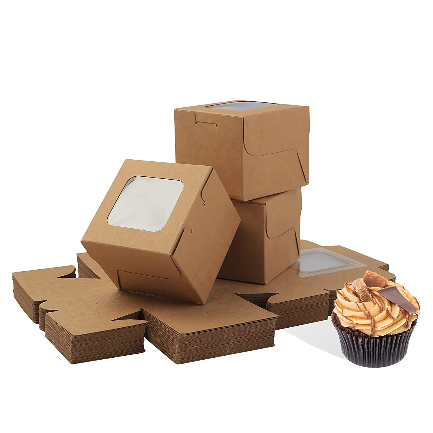 BAKEFY-Kraft Paper Bakery Boxes - 25-Piece Single Pastry Box 3-Inch, Packaging with Clear Display Window, Donut, Mini Cake, Pie Slice, Dessert Disposable Take-Out Container, Brown, 3 x 3 x 2 Inches