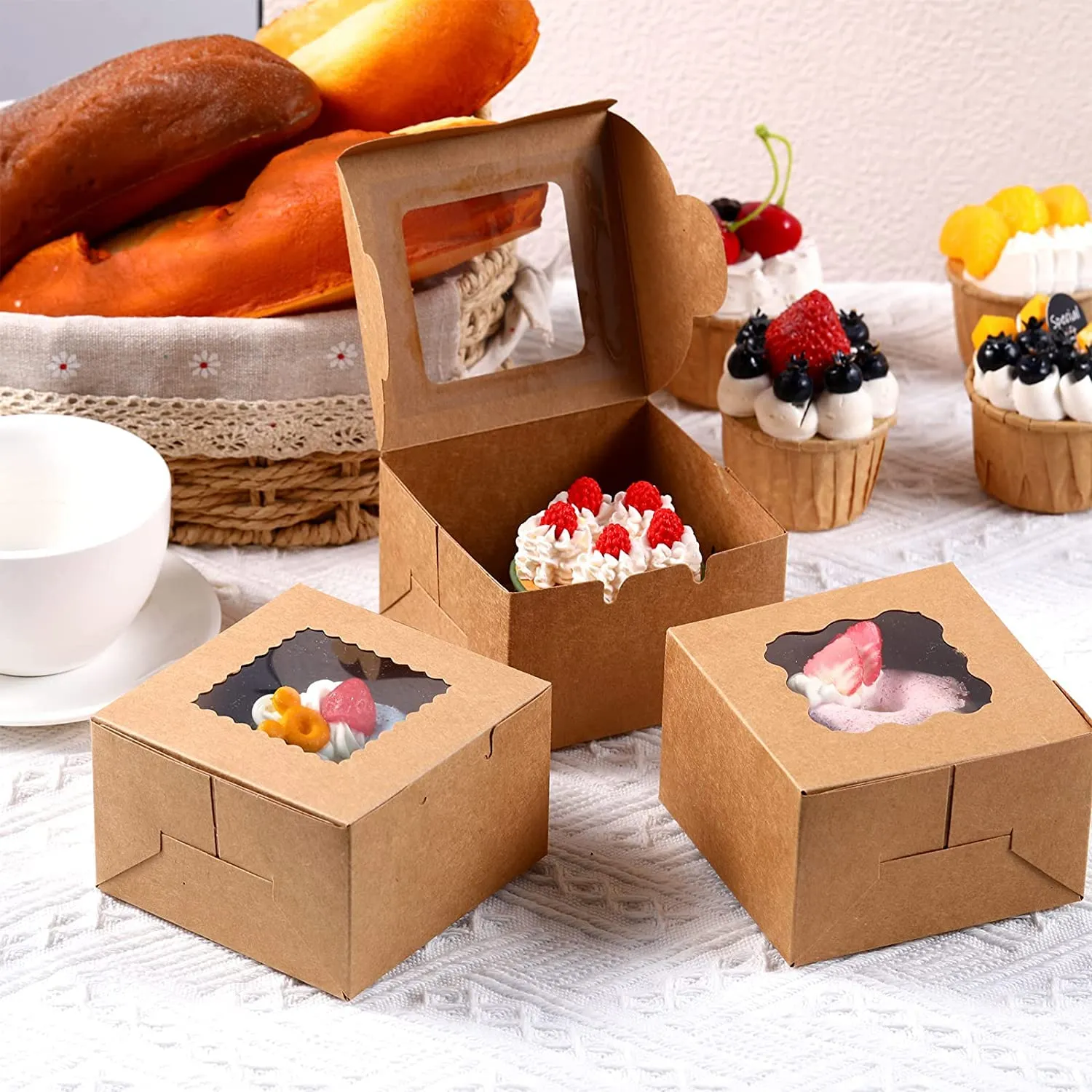 BAKEFY-Kraft Paper Bakery Boxes - 25-Piece Single Pastry Box 3-Inch, Packaging with Clear Display Window, Donut, Mini Cake, Pie Slice, Dessert Disposable Take-Out Container, Brown, 3 x 3 x 2 Inches