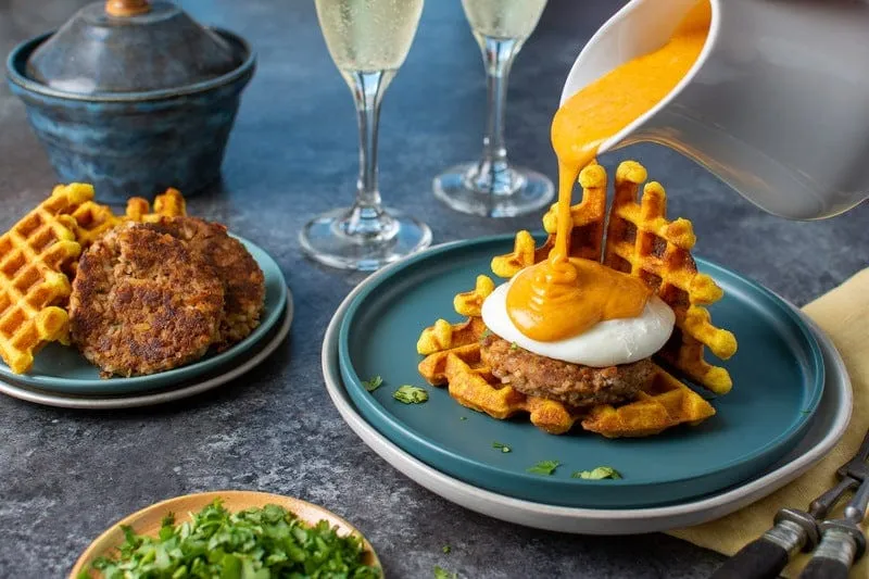 Optimized Title: Gourmet Boudin Benedict with Spicy Hot Honey Hollandaise