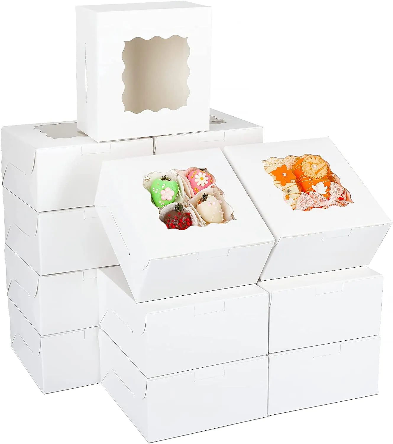 Glamifirsto 50pcs 3x3x2.5 Inches Cookie Boxes with Window: Bakery Boxes, Treat Boxes, Strawberry Boxes, Mini Cake Boxes, Pastry Boxes for Cupcakes, Chocolates Strawberries, Dessert-White