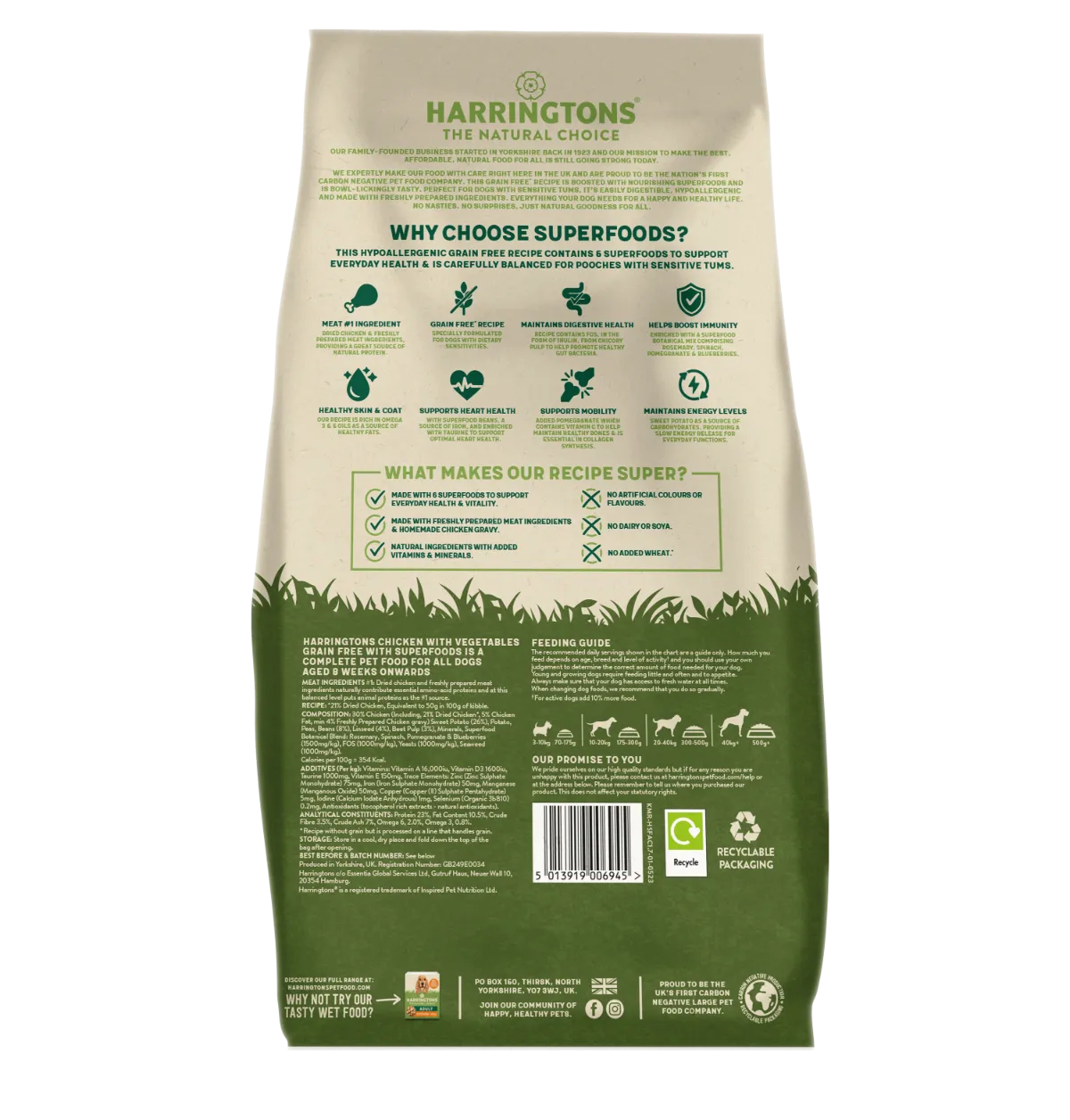 Harringtons Superfoods Grain-Free Dry Adult Dog Food Chicken & Vegetables 1.7kg