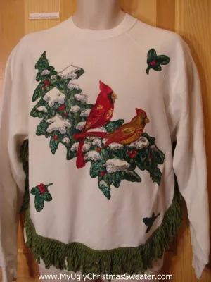 Homemade Christmas Sweatshirt Cardinal Birds Fringe