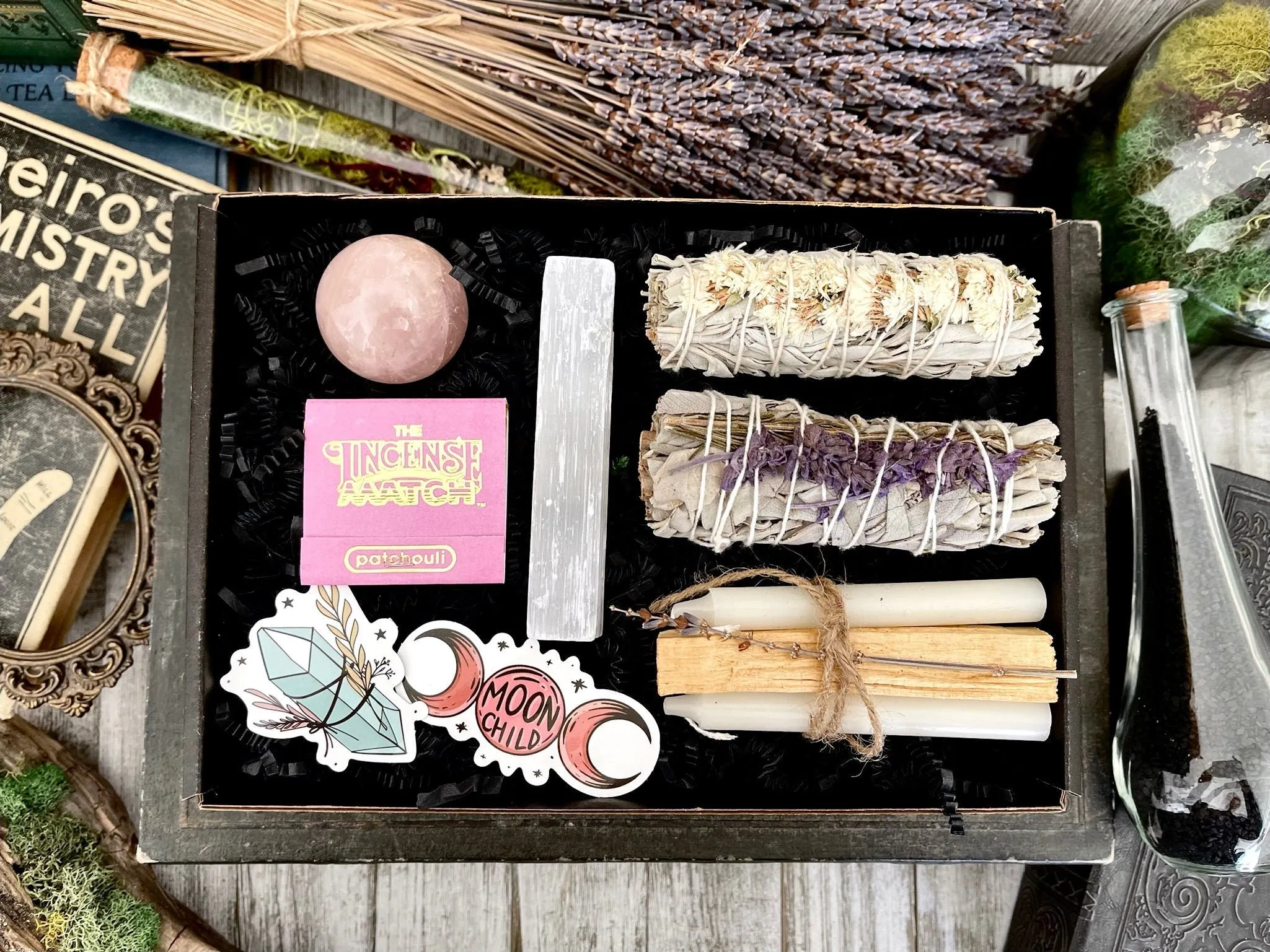 Mystery Sage & Crystal Box // Home Cleansing Energy Calming Smudging Kit with Sage Palo Santo Crystals Candle Gift Box Witchy Smudge Bundle