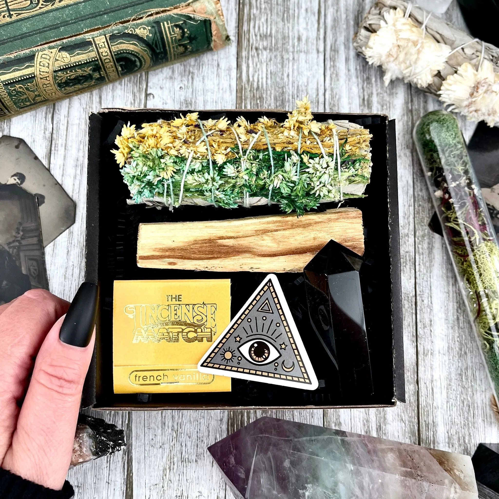 Mystery Sage & Crystal Box // Home Cleansing Energy Calming Smudging Kit with Sage Palo Santo Crystals Candle Gift Box Witchy Smudge Bundle