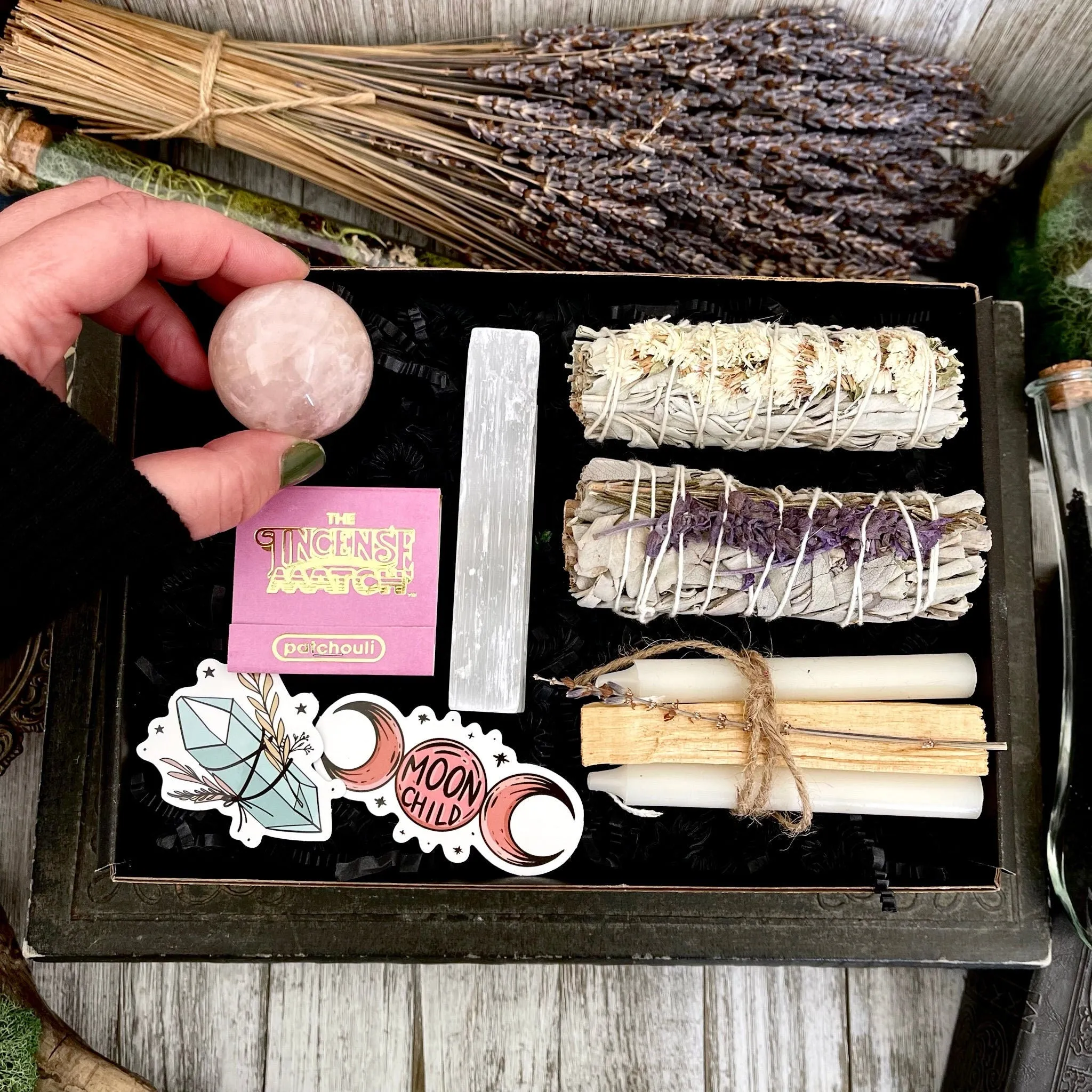 Mystery Sage & Crystal Box // Home Cleansing Energy Calming Smudging Kit with Sage Palo Santo Crystals Candle Gift Box Witchy Smudge Bundle