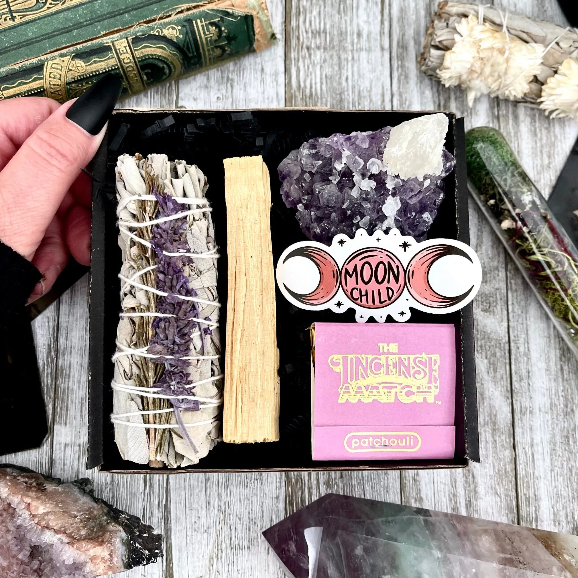 Mystery Sage & Crystal Box // Home Cleansing Energy Calming Smudging Kit with Sage Palo Santo Crystals Candle Gift Box Witchy Smudge Bundle