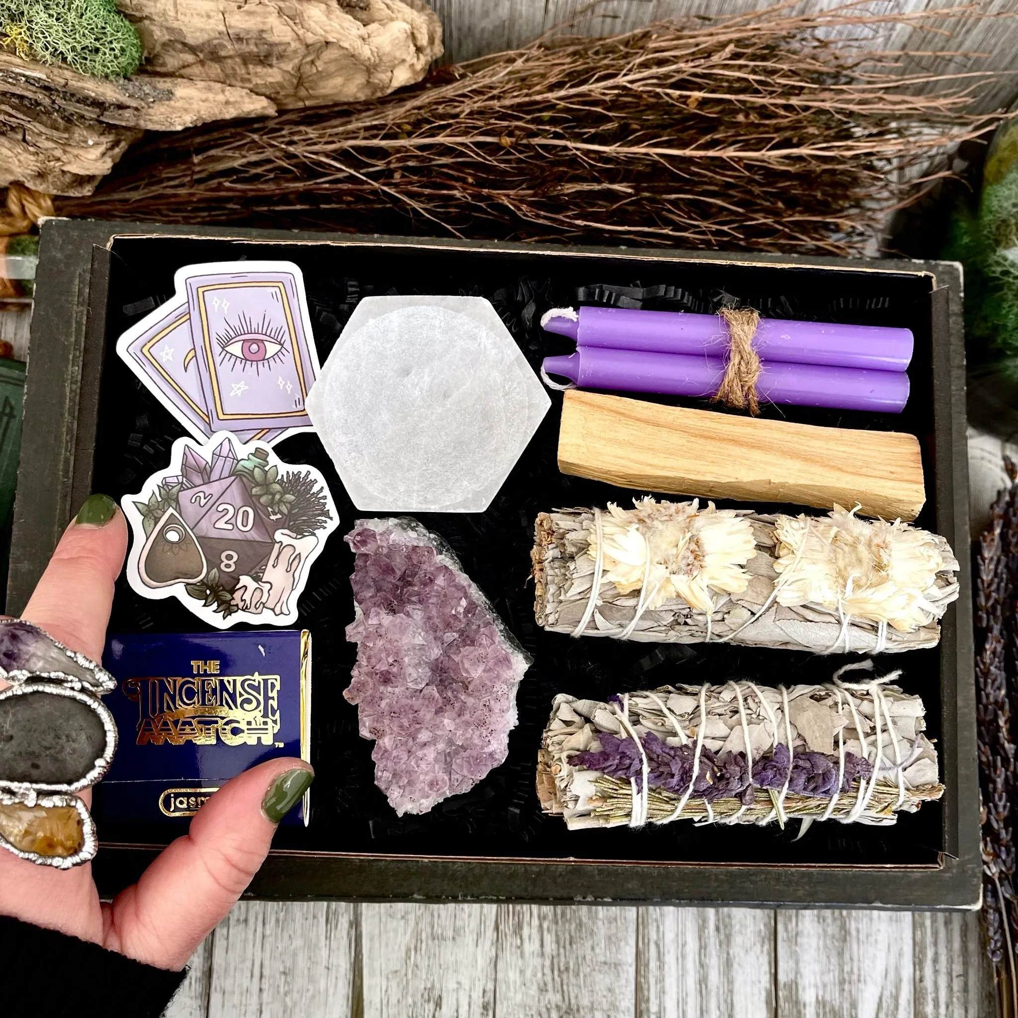 Mystery Sage & Crystal Box // Home Cleansing Energy Calming Smudging Kit with Sage Palo Santo Crystals Candle Gift Box Witchy Smudge Bundle