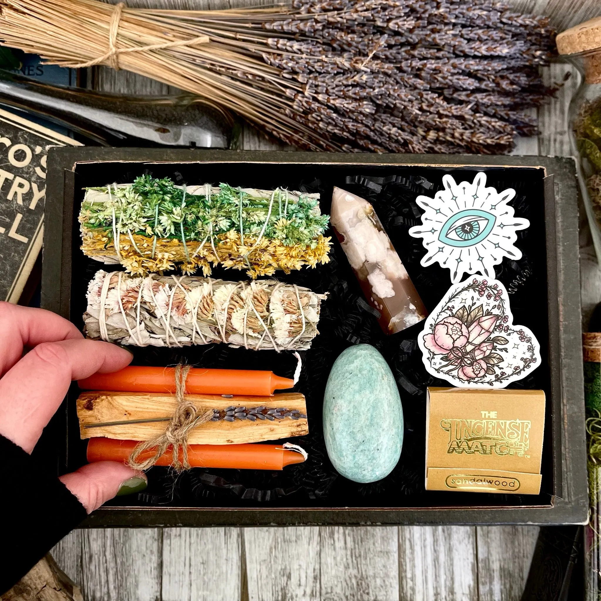 Mystery Sage & Crystal Box // Home Cleansing Energy Calming Smudging Kit with Sage Palo Santo Crystals Candle Gift Box Witchy Smudge Bundle