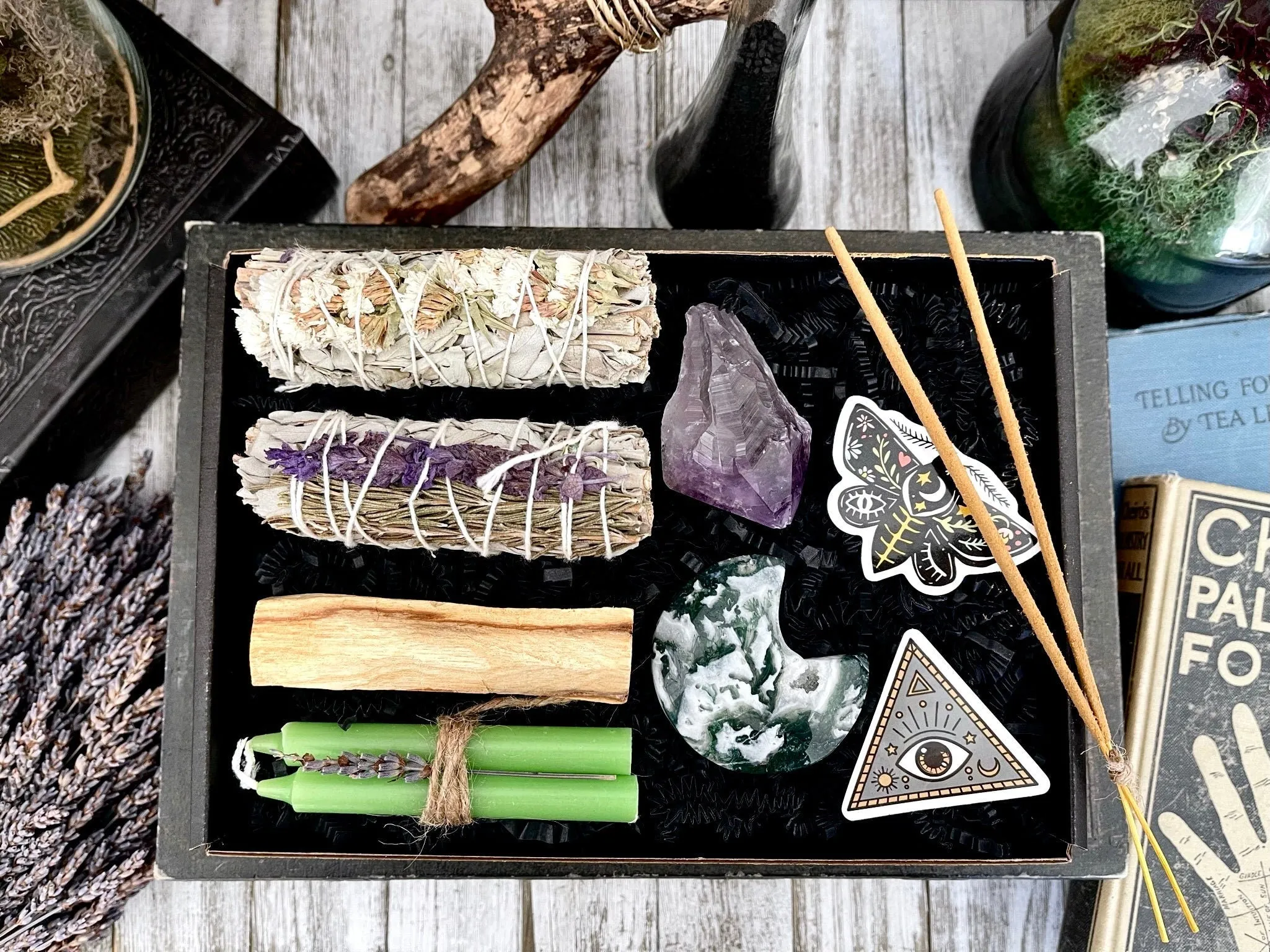 Mystery Sage & Crystal Box // Home Cleansing Energy Calming Smudging Kit with Sage Palo Santo Crystals Candle Gift Box Witchy Smudge Bundle