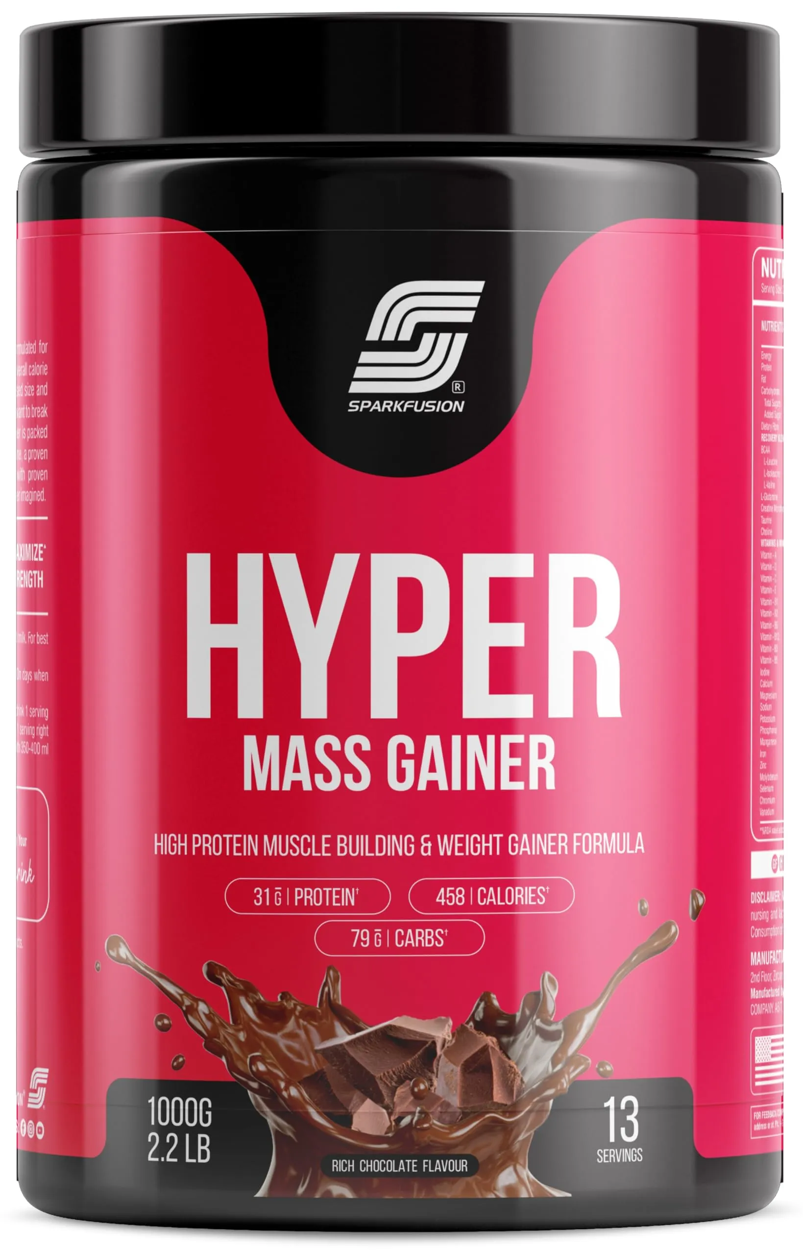 Sparkfusion Hyper Mass Gainer High Protein Muscle Building&Weight Gainer Formula Powder 31G Protein,79G Carbs,458 Calories With Milk For Muscle Support&Muscle Mass Gain 1000 Gram Chocolate Flavour